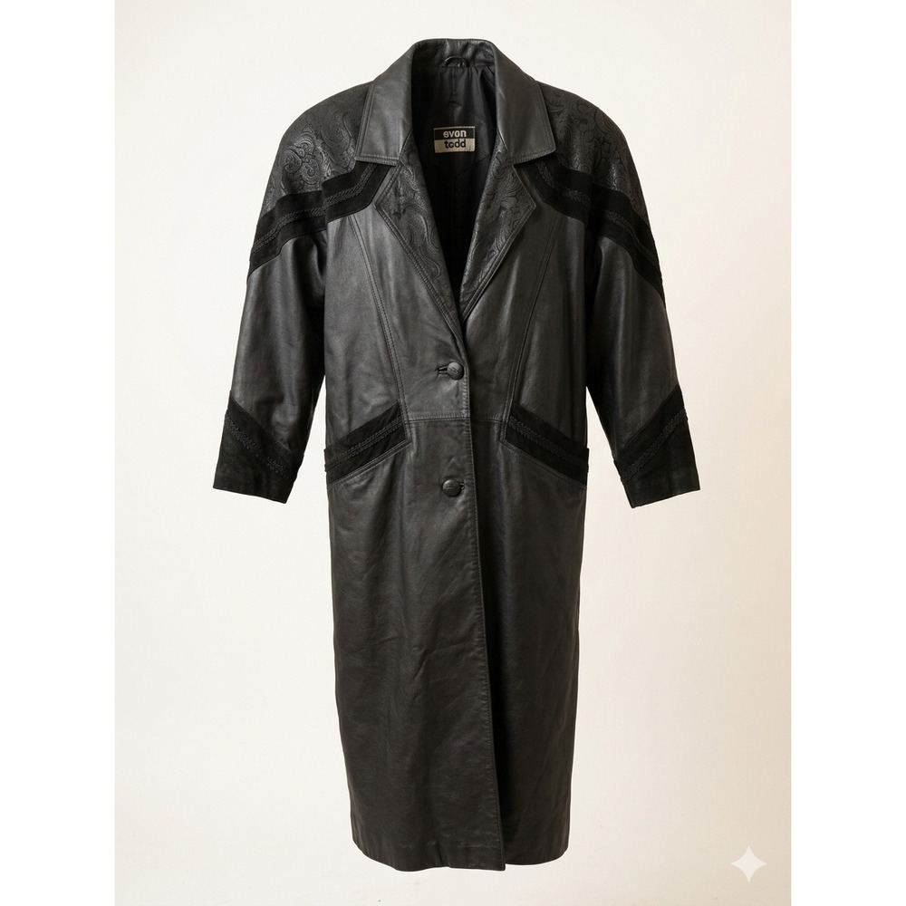 Vintage Evan Todd Leather Duster Long Trench Coat Embossed Suede Goth Western